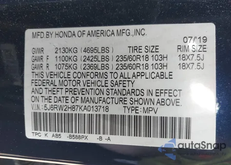 2019 Honda Cr-V Ex-L from USA, damaged, VIN 5J6RW2H87KA013718
